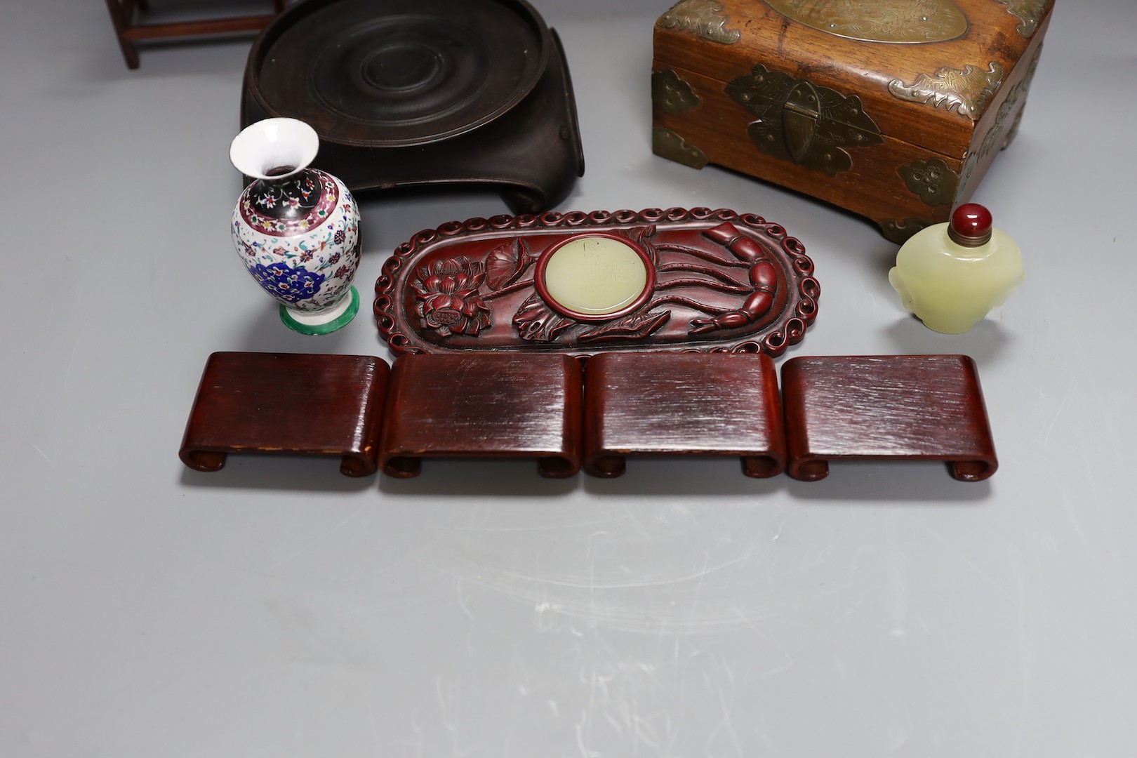 A group of Chinese wood stands, box, model chair, snuff bottle etc